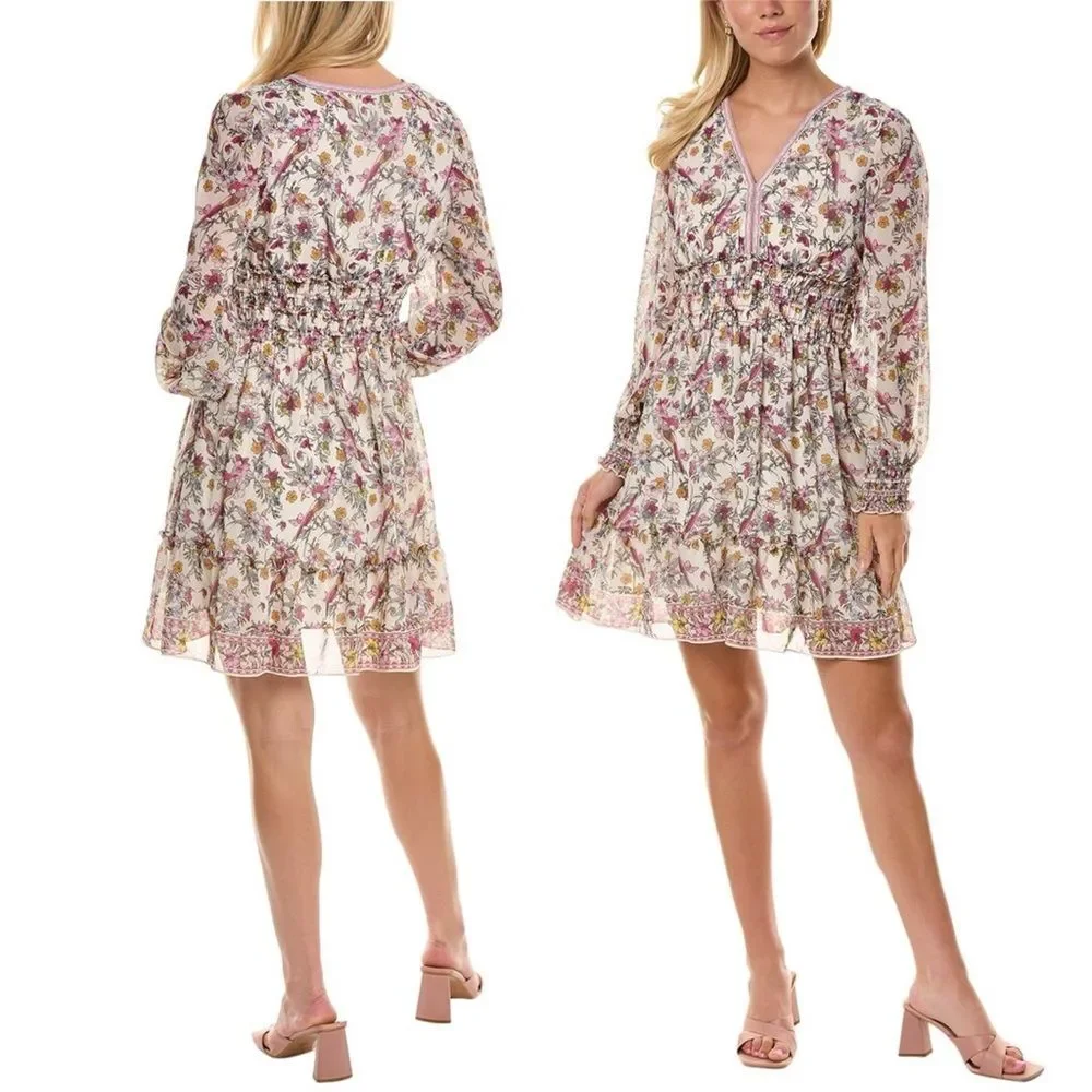 NWT Max Studio Smocked Cream Pink Floral Bird Print Mini Dress Size Medium NEW - Picture 14 of 14